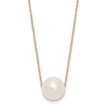 14K Yellow Gold 10-11mm Round White Fresh Water Cultured Pearl Rope Necklace
