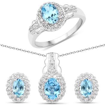 Swiss Blue Topaz & White Topaz Sterling Silver 3 Piece Jewelry Set
Ring, Earrings, Necklace