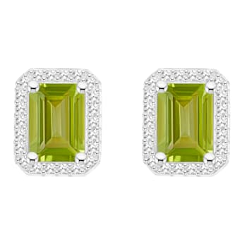 7x5mm Emerald Cut Peridot 1/5 ctw Diamond Rhodium Over Sterling Silver
Halo Stud Earrings