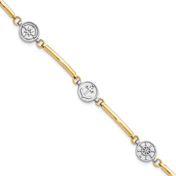 14K Two-tone Gold Polished Compass and Anchor Link Bracelet