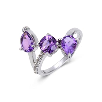 Amethyst and White Topaz Sterling Silver Bypass Ring, 3.78ctw