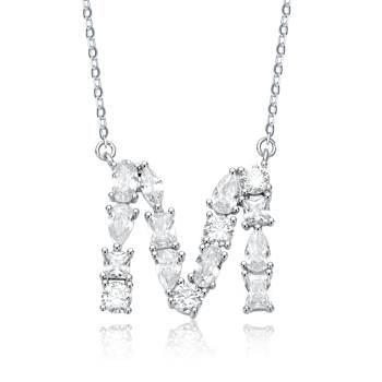 Initial M Mixed Cut CZ Pendant Necklace In Sterling Silver 18 Inch