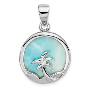 Rhodium Over Sterling Silver Larimar with Palm Tree Pendant