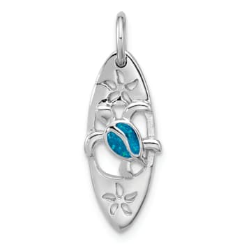 Rhodium Over Sterling Silver Polished Blue Enamel Turtle Surfboard Pendant