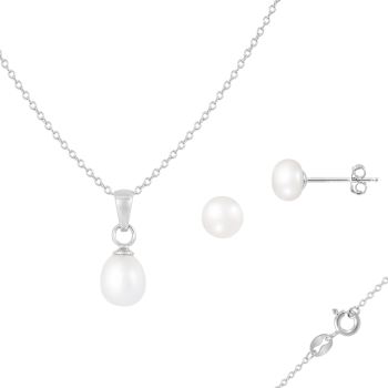 6.5-7mm Button/Drop White Freshwater Pearl Rhodium Over Sterling Earring
and Pendant W/Chain Set
