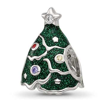 Sterling Silver Enamel Cubic Zirconia Christmas Tree Bead