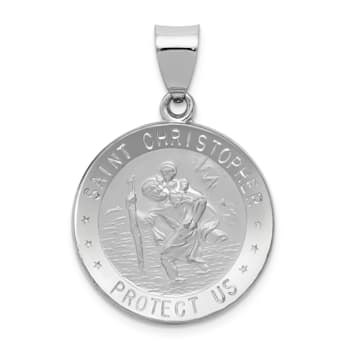 Rhodium Over 14K White Gold Polished/Satin St Christopher Medal Hollow Pendant