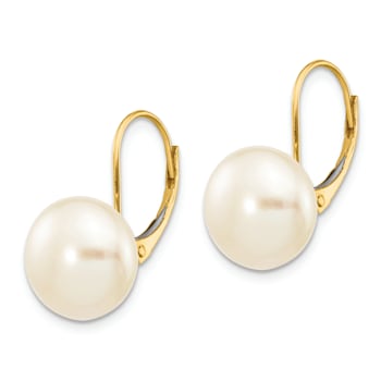 14K Yellow Gold 10-11mm White Button Freshwater Cultured Pearl Leverback Earrings