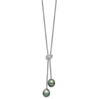 Rhodium Over Sterling Silver Tahitian Pearl/Cubic Zirconia Dangle with
2-inch Extension Necklace