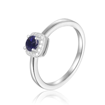 Rhodium Over Sterling Silver Round Blue Sapphire and Moissanite Halo Ring