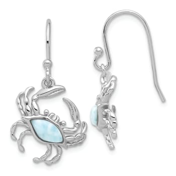 Rhodium Over Sterling Silver Larimar Crab Dangle Shepherd Hook Earrings