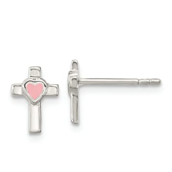 Rhodium Over Sterling Silver Cross Pink Enamel Heart Post Earrings