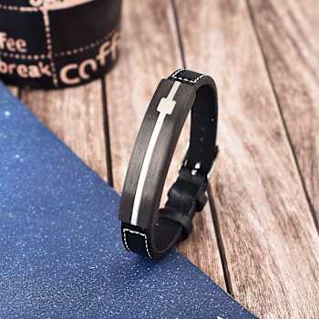 Mens Black Leather and Stainless Steel Cross Bracelet