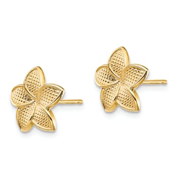 14K Yellow Gold Polished and Textured 10.95mm Plumeria Stud Earrings
