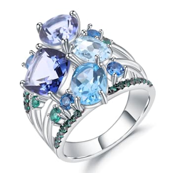 Multi-color Quartz, Blue Topaz and Green Nanocrystal Rhodium Over
Sterling Silver Ring