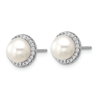 Rhodium Over Sterling Silver Freshwater Cultured Pearl and Cubic
Zirconia Post Earrings