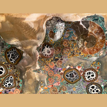 'Twin Pillars' - gemstone art with ammonite, septarian, malachite and amethyst