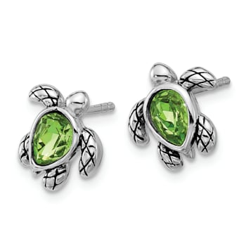 Rhodium Over Sterling Silver Antiqued Crystal August Birthstone Turtle Earrings