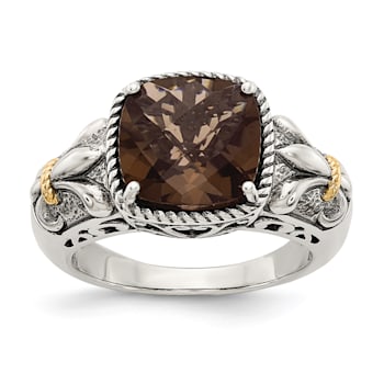 Brown Smoky Quartz Sterling Silver with 14K Gold Accent Antiqued Ring