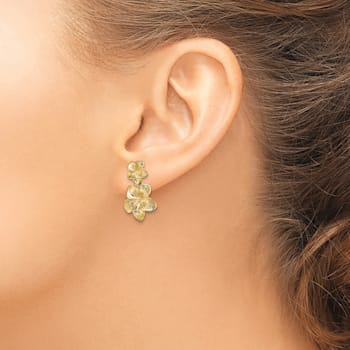 14k Yellow Gold Textured Double Plumeria Flower Dangle Earrings