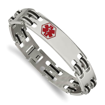 Stainless Steel Black Rubber Red Enamel 8.25-inch Medical ID Bracelet