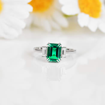 Green Lab Created Emerald and Moissanite Rhodium Over Sterling Silver
3-Stone Ring