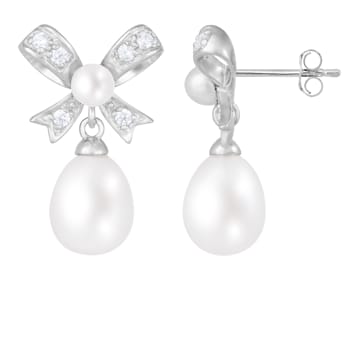 4.5-8.5mm White Cultured Freshwater Pearl and Cubic Zirconia Rhodium
Over Sterling Silver Earrings