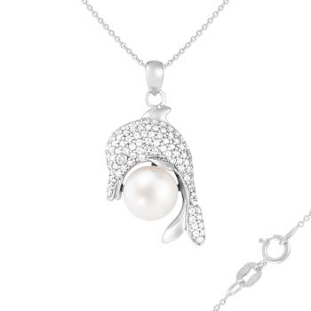 10-11mm Button White Cultured Freshwater Pearl and CZ Rhodium Over
Sterling Silver Pendant