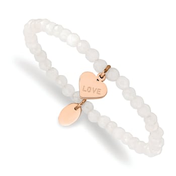 Rose Stainless Steel Polished LOVE Heart Jade Stretch Bracelet
