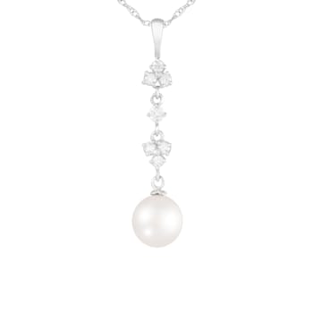 White Cultured Freshwater Pearl and Diamond 14K White Gold Pendant 7-7.5mm