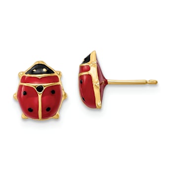 14k Yellow Gold Polished Red and Black Enameled Large Ladybug Stud Earrings