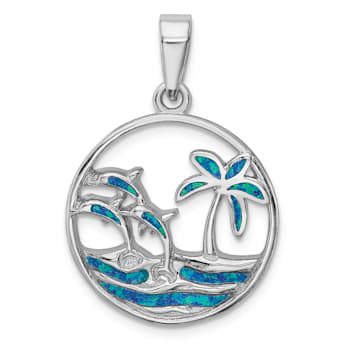 Rhodium Over Sterling Silver Blue Lab Created Opal Dolphins Pendant