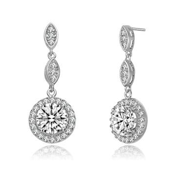 CZ Halo Drop Earrings In Sterling Silver