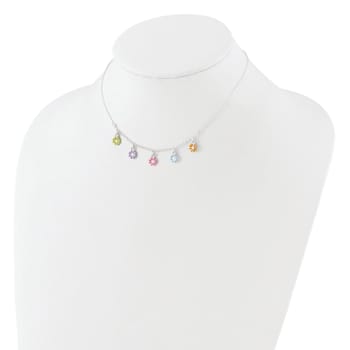 Sterling Silver Polished Multi-color Enameled Flowers Children's Necklace