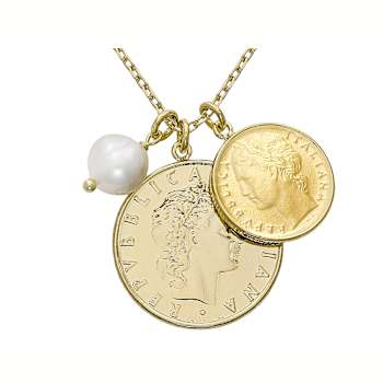 Cultured Freshwater Pearl Coin Charm Necklace In 18K Gold Over Bronze