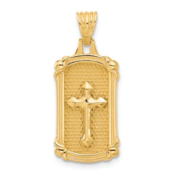 14K Yellow Gold Polished and Textured Dog Tag Cross Pendant