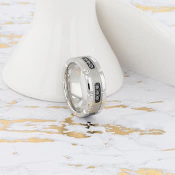 VALOR Grooved Tungsten Ring with Silver Inlay & Black Diamonds - 8mm