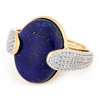 Lapis Lazuli Large Oval And White Zircon Ring In 18K Gold Over Sterling
Silver 1.44ctw