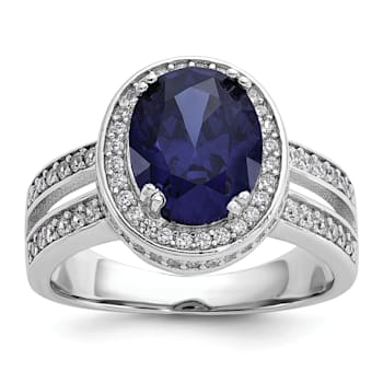 Rhodium Over Sterling Silver Polished Blue and White Cubic Zirconia Halo Ring