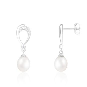 7.5-8mm White Cultured Freshwater Pearl Rhodium Over Sterling Silver Earrings