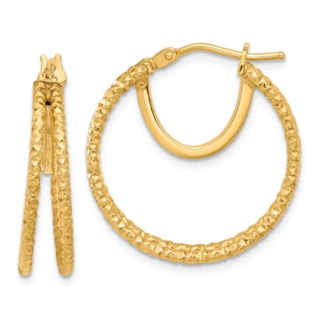 14k Yellow Gold Polished and Textured 15/16" Double Circle Hoop Earrings