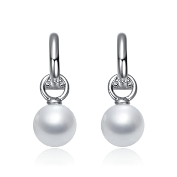 Shell Pearl Drop Huggie Earrings In White Rhodium Over Brass