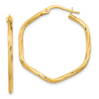 14k Yellow Gold Textured 1 1/8" Twisted Hexagon Hoop Earrings