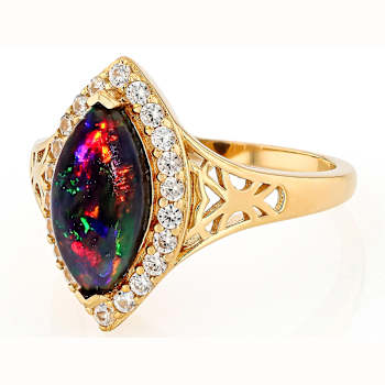 Black Opal Marquise And White Zircon Ring In 18K Gold Over Sterling
Silver 1.17ctw