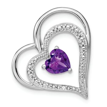 Rhodium Over 14k White Gold Amethyst and Diamond Heart Chain Slide Pendant