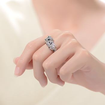 Emerald Color CZ Panther Bypass Ring In White Rhodium Over Brass