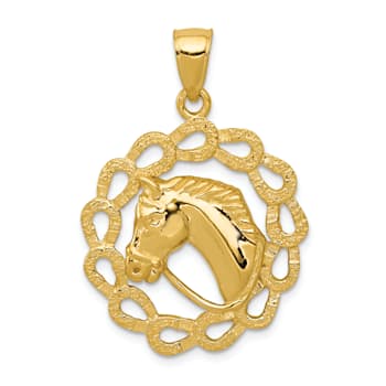 14k Yellow Gold Solid Polished and Textured Horse Head in Horseshoes Pendant