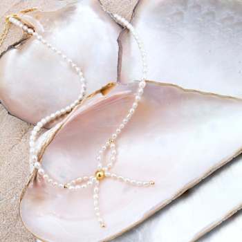 Cultured Freshwater Pearl Bow Necklace with Gold-Tone Brass Accents