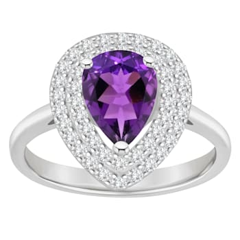 8x5mm Pear Shape Amethyst And White Topaz Accents Rhodium Over Sterling
Silver Double Halo Ring