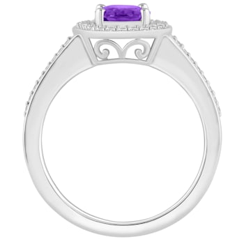 8x6mm Oval Amethyst 1/5 ctw Diamond Rhodium Over Sterling Silver Halo Ring